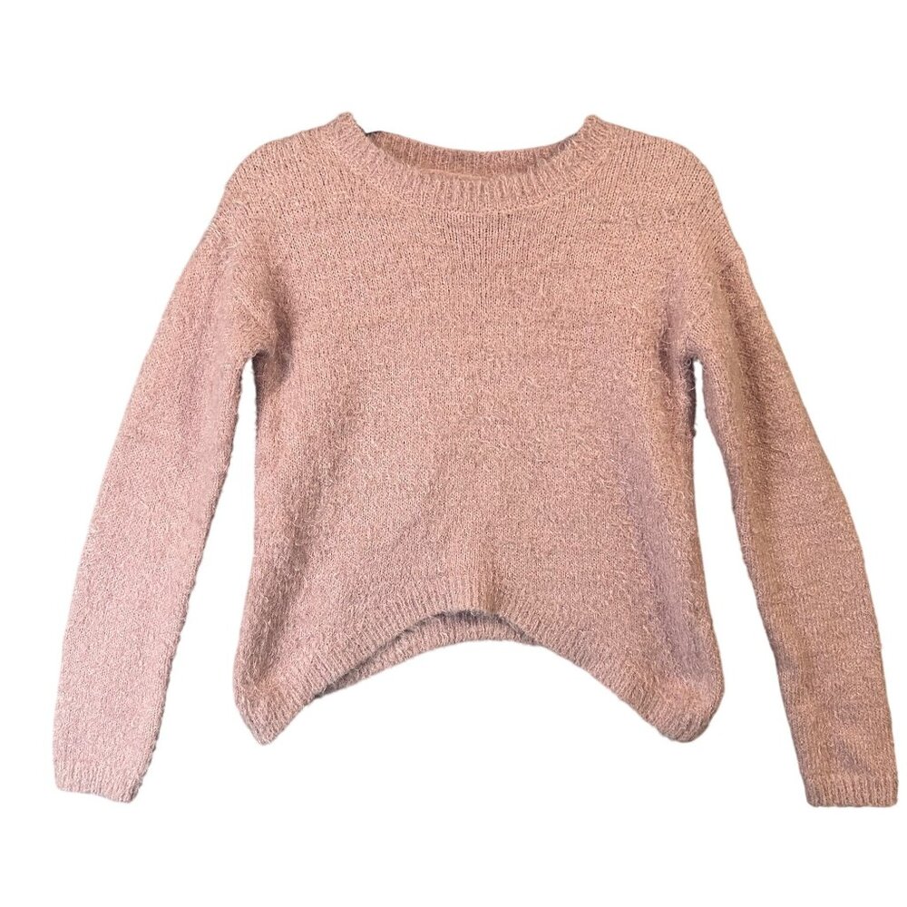 Derek Heart Fuzzy Knit Asymmetrical Hem Sweater Small Cozy Women's Pink Top